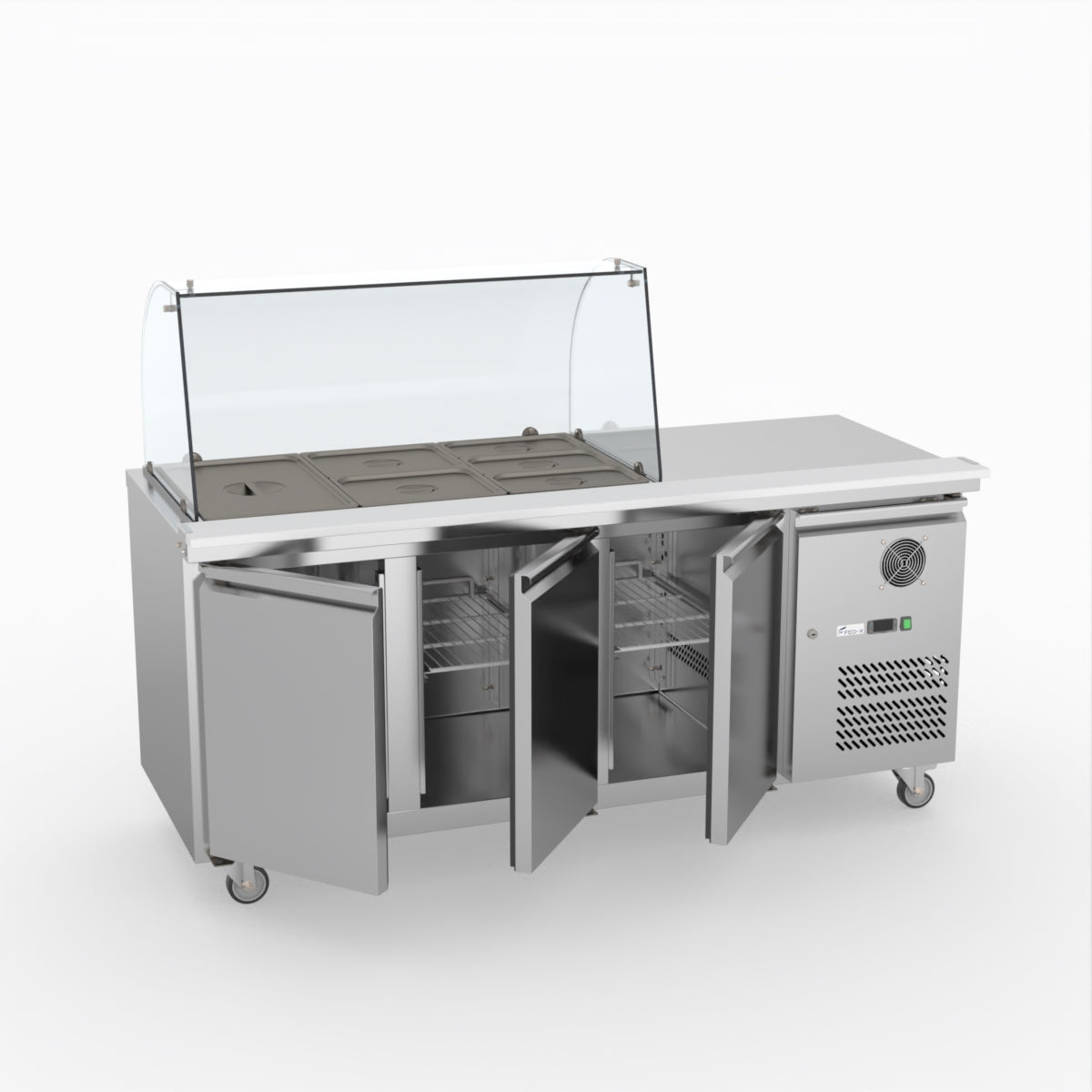 FED-X Three Door Salad Prep Fridge With Curve Glass Top XTHP3100SALGC