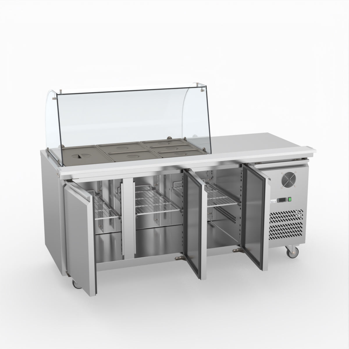 FED-X Three Door Salad Prep Fridge With Curve Glass Top XTHP3100SALGC