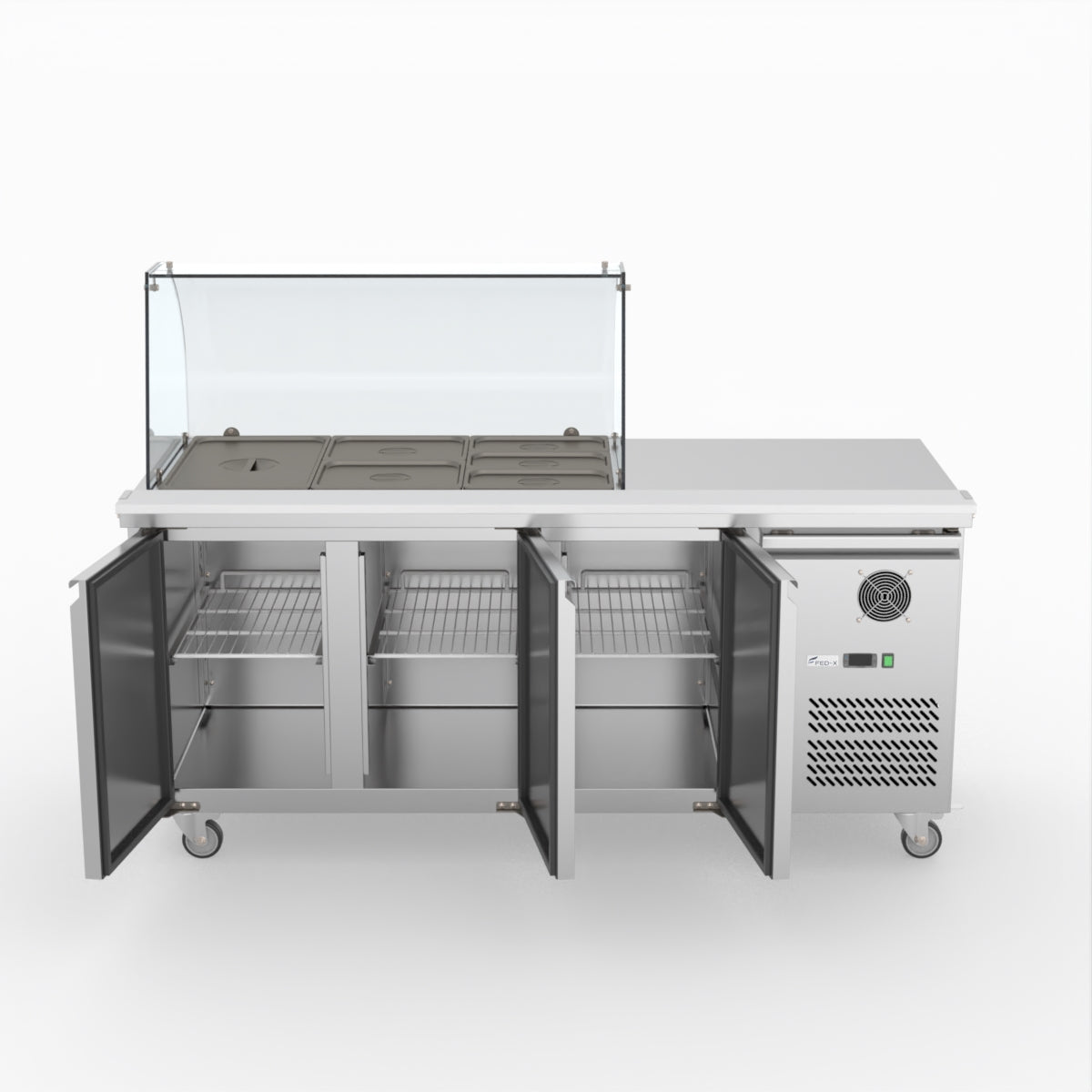FED-X Three Door Salad Prep Fridge With Curve Glass Top XTHP3100SALGC
