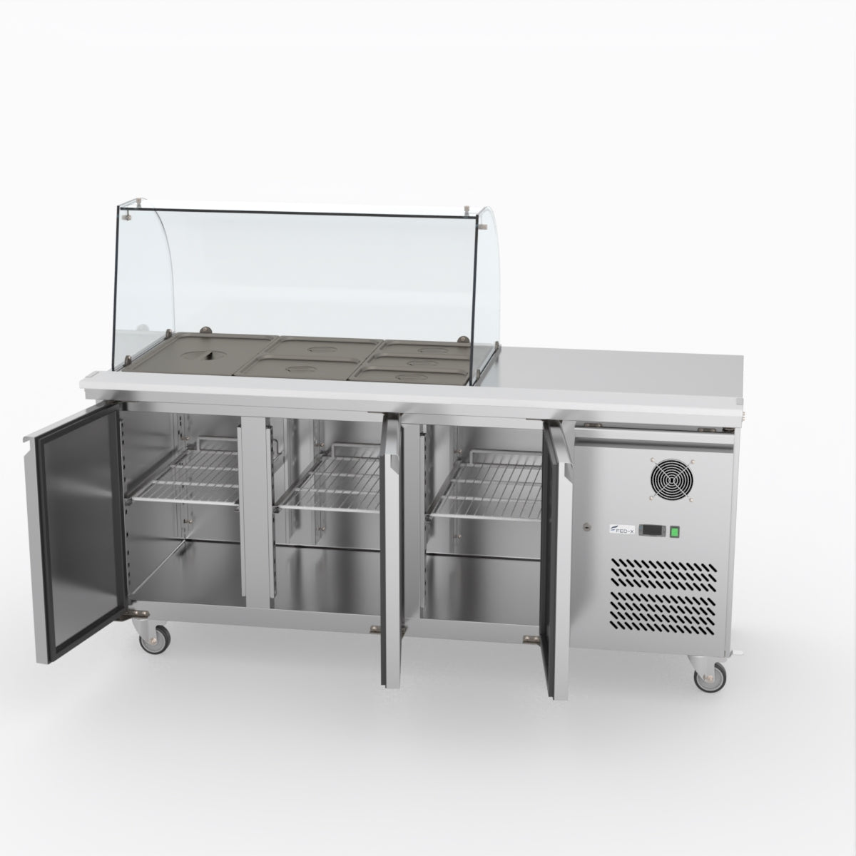 FED-X Three Door Salad Prep Fridge With Curve Glass Top XTHP3100SALGC