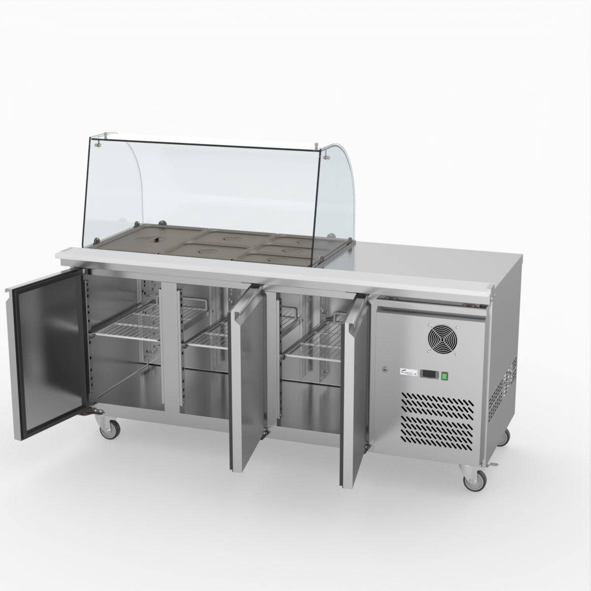 FED-X Three Door Salad Prep Fridge With Curve Glass Top XTHP3100SALGC