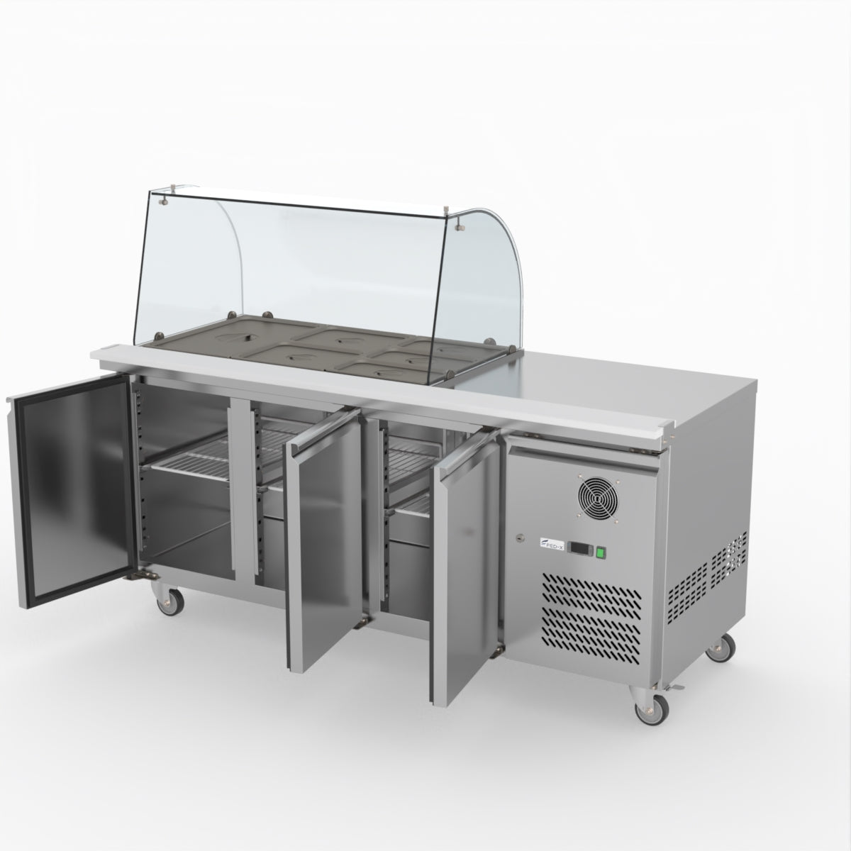 FED-X Three Door Salad Prep Fridge With Curve Glass Top XTHP3100SALGC