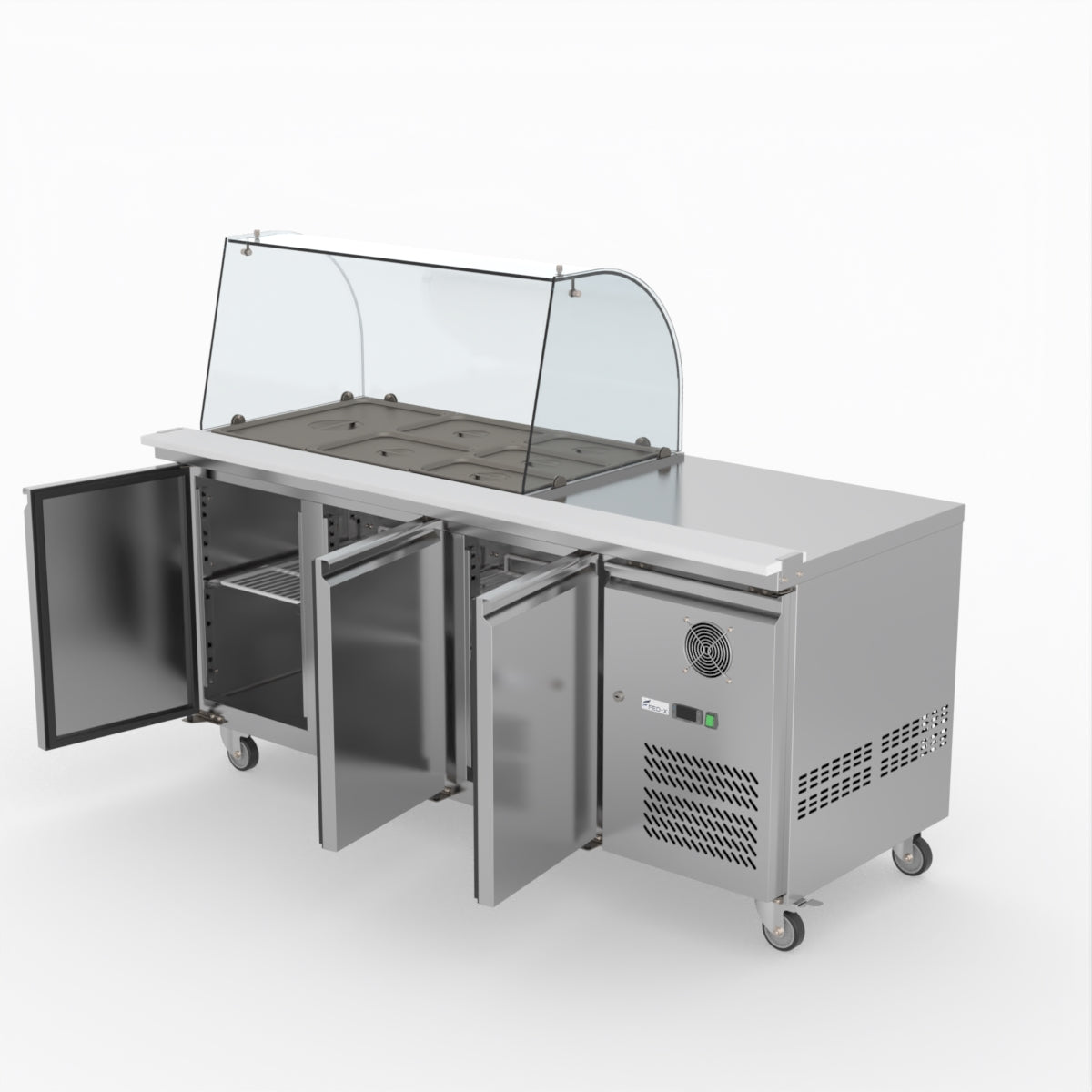 FED-X Three Door Salad Prep Fridge With Curve Glass Top XTHP3100SALGC