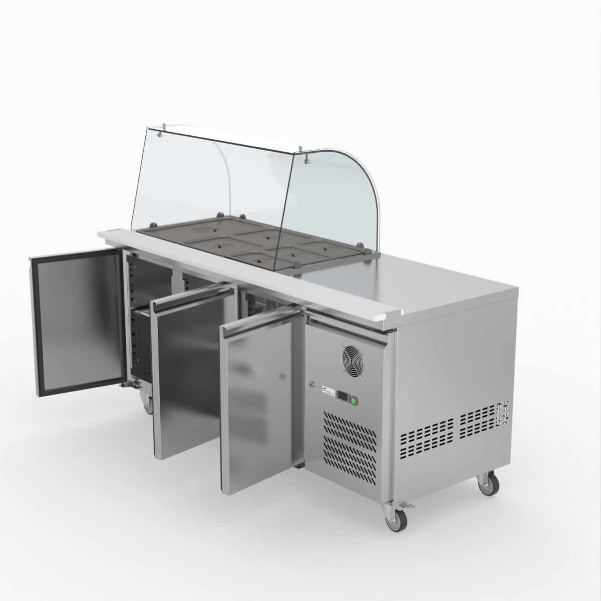 FED-X Three Door Salad Prep Fridge With Curve Glass Top XTHP3100SALGC