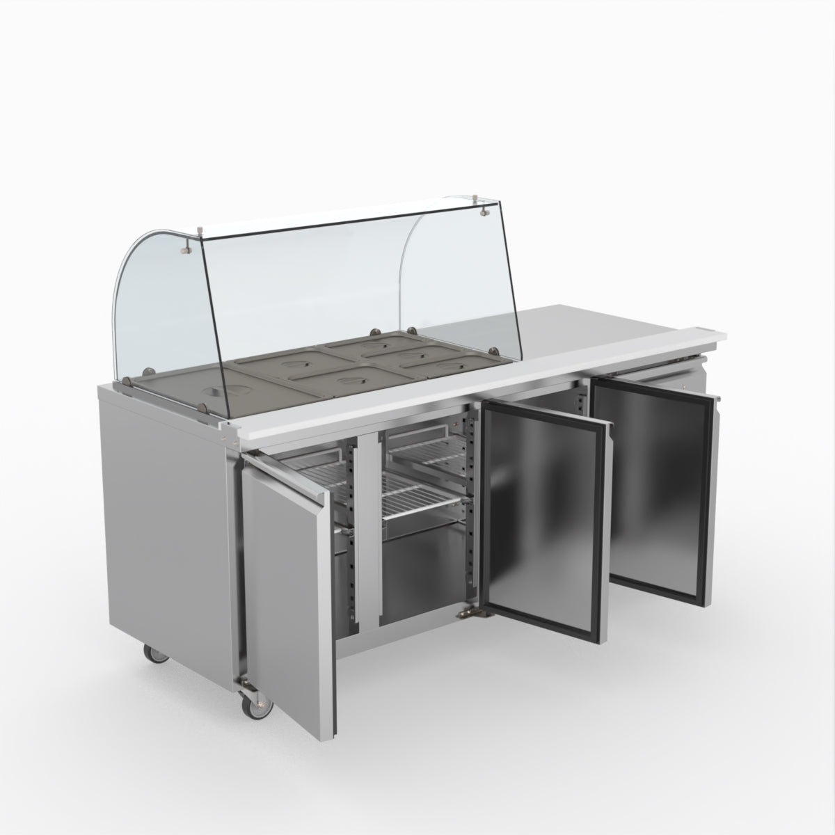 FED-X Three Door Salad Prep Fridge With Curve Glass Top XTHP3100SALGC