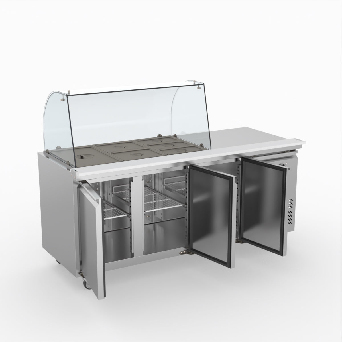 FED-X Three Door Salad Prep Fridge With Curve Glass Top XTHP3100SALGC