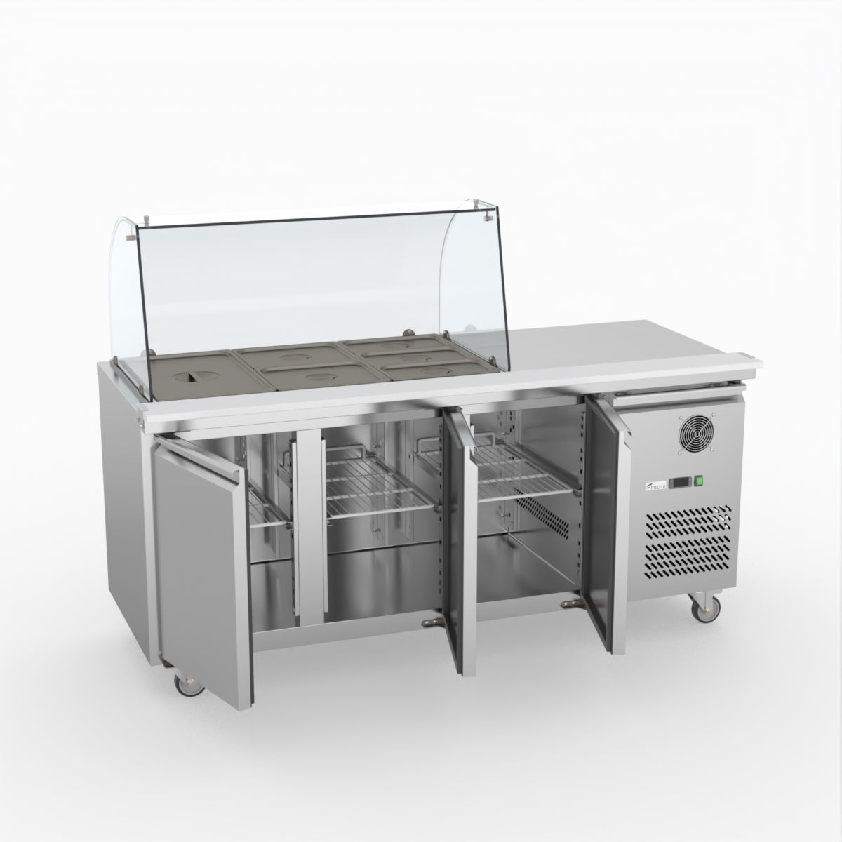 FED-X Three Door Salad Prep Fridge With Curve Glass Top XTHP3100SALGC