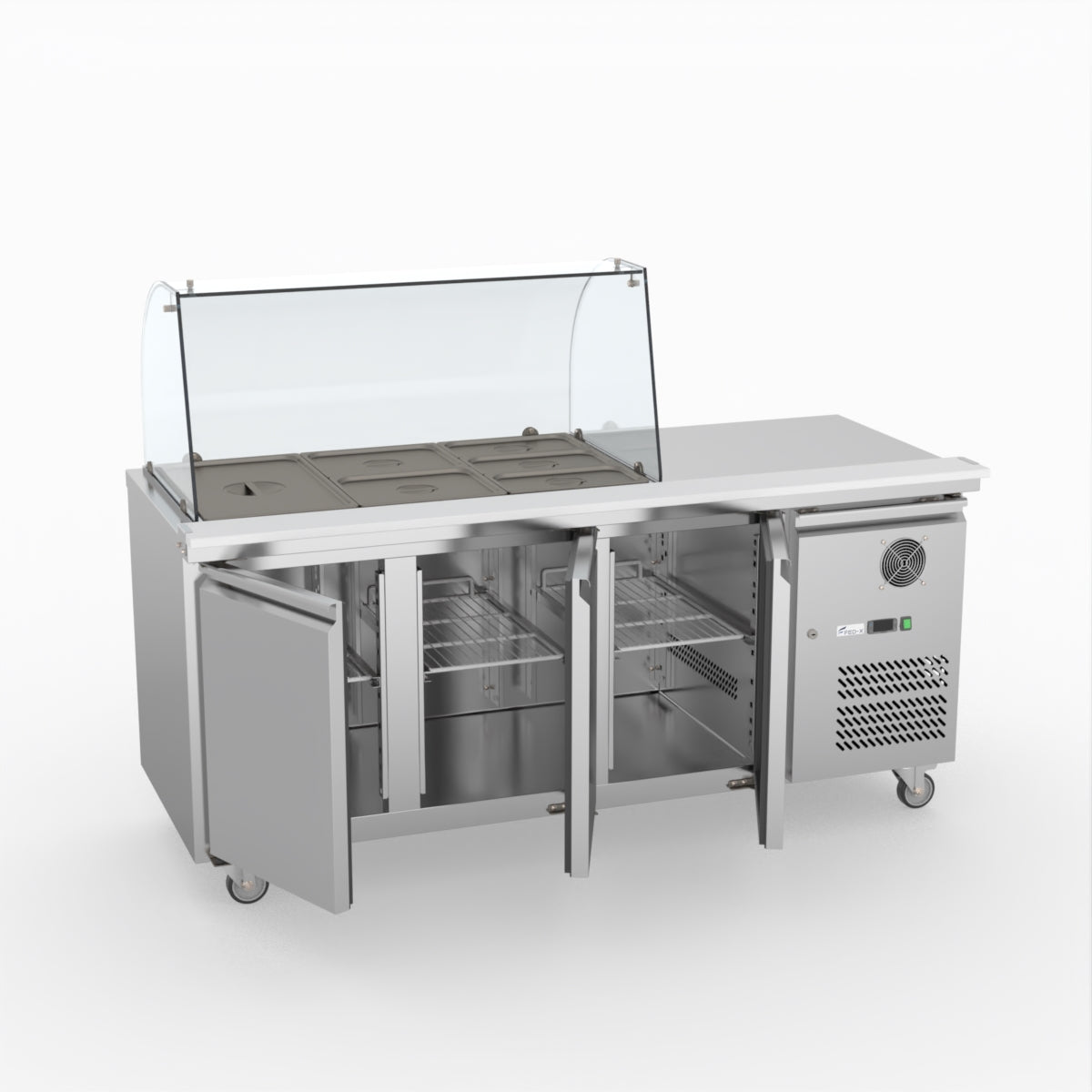 FED-X Three Door Salad Prep Fridge With Curve Glass Top XTHP3100SALGC
