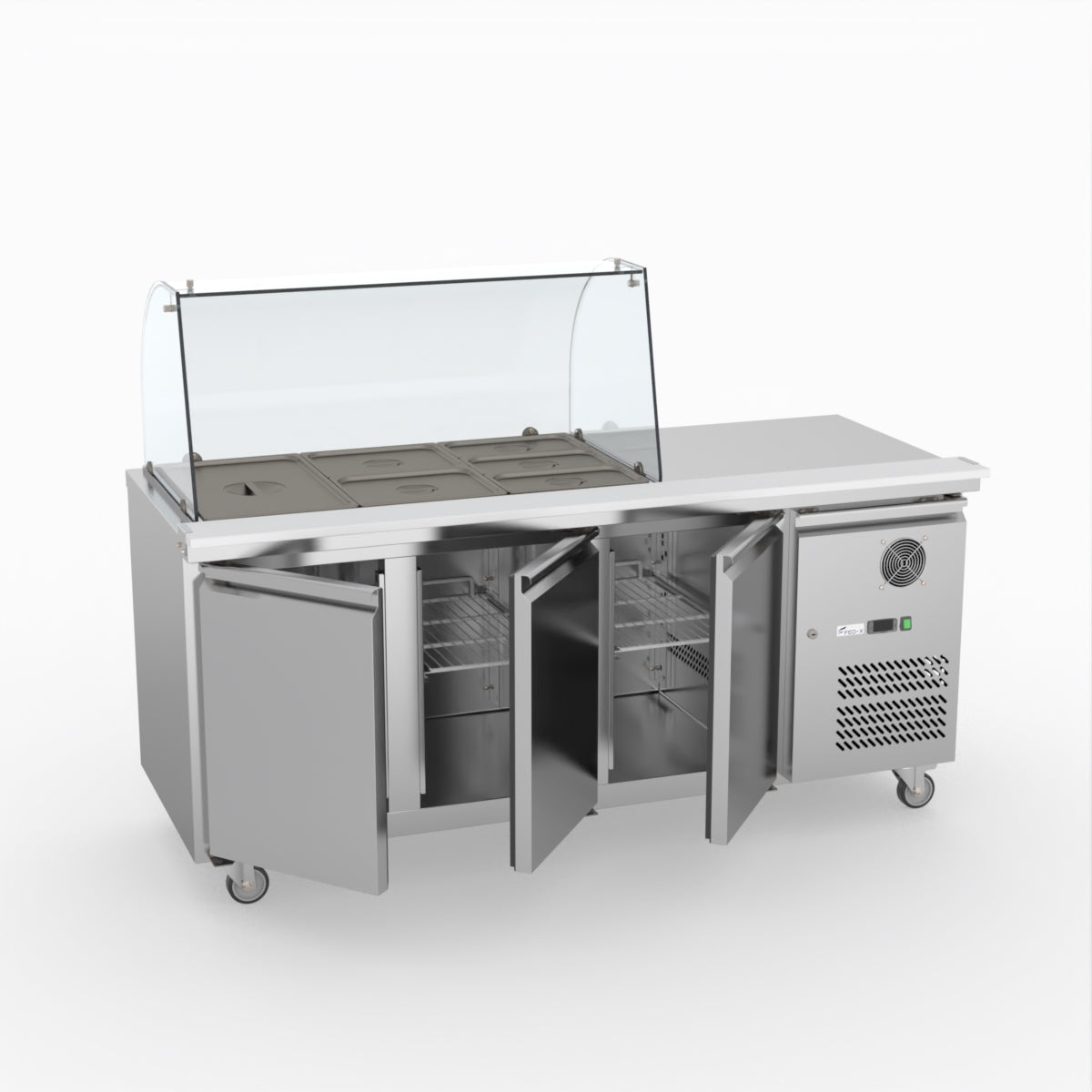 FED-X Three Door Salad Prep Fridge With Curve Glass Top XTHP3100SALGC