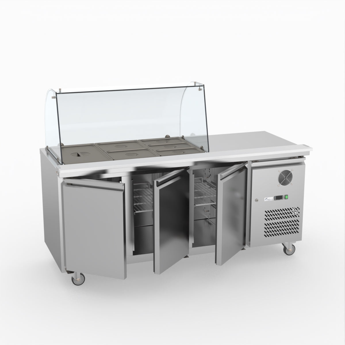 FED-X Three Door Salad Prep Fridge With Curve Glass Top XTHP3100SALGC