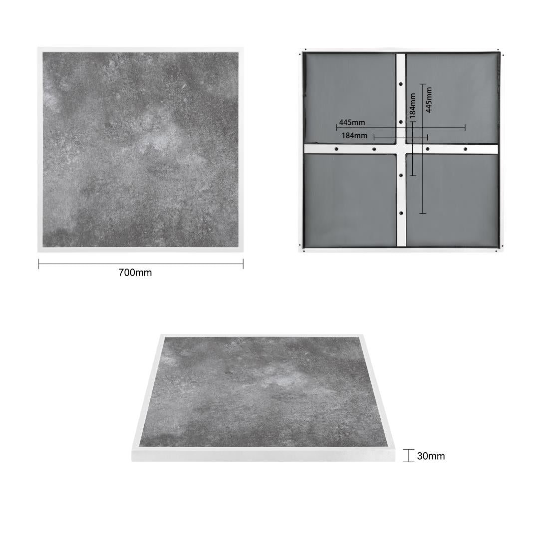 Bolero Dark Stone Effect Outdoor Tempered Glass Table Top White Trim - 700mm - FU517
