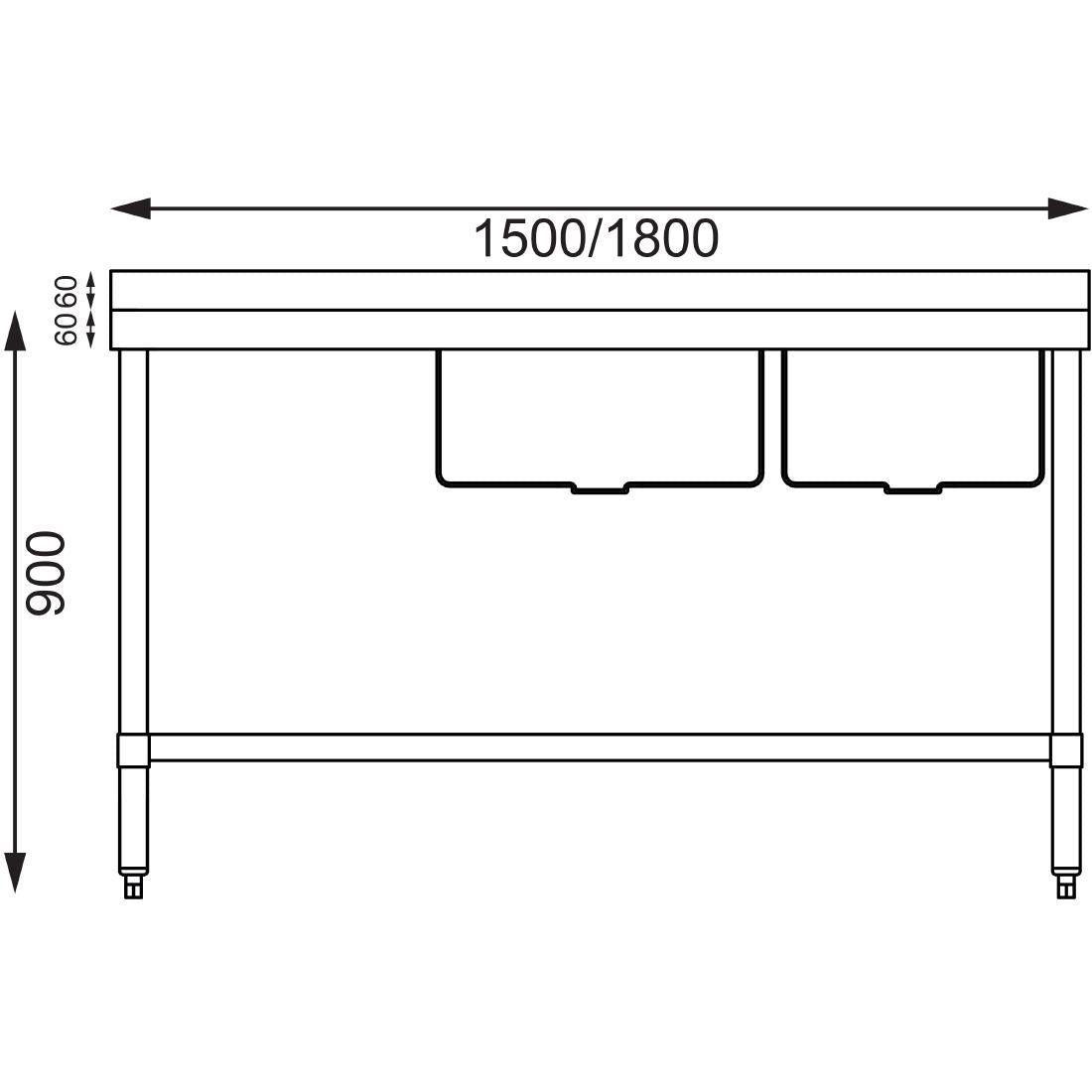 Vogue Double Bowl Sink L/H Drainer - 1500mm 90mm Drain - HC905