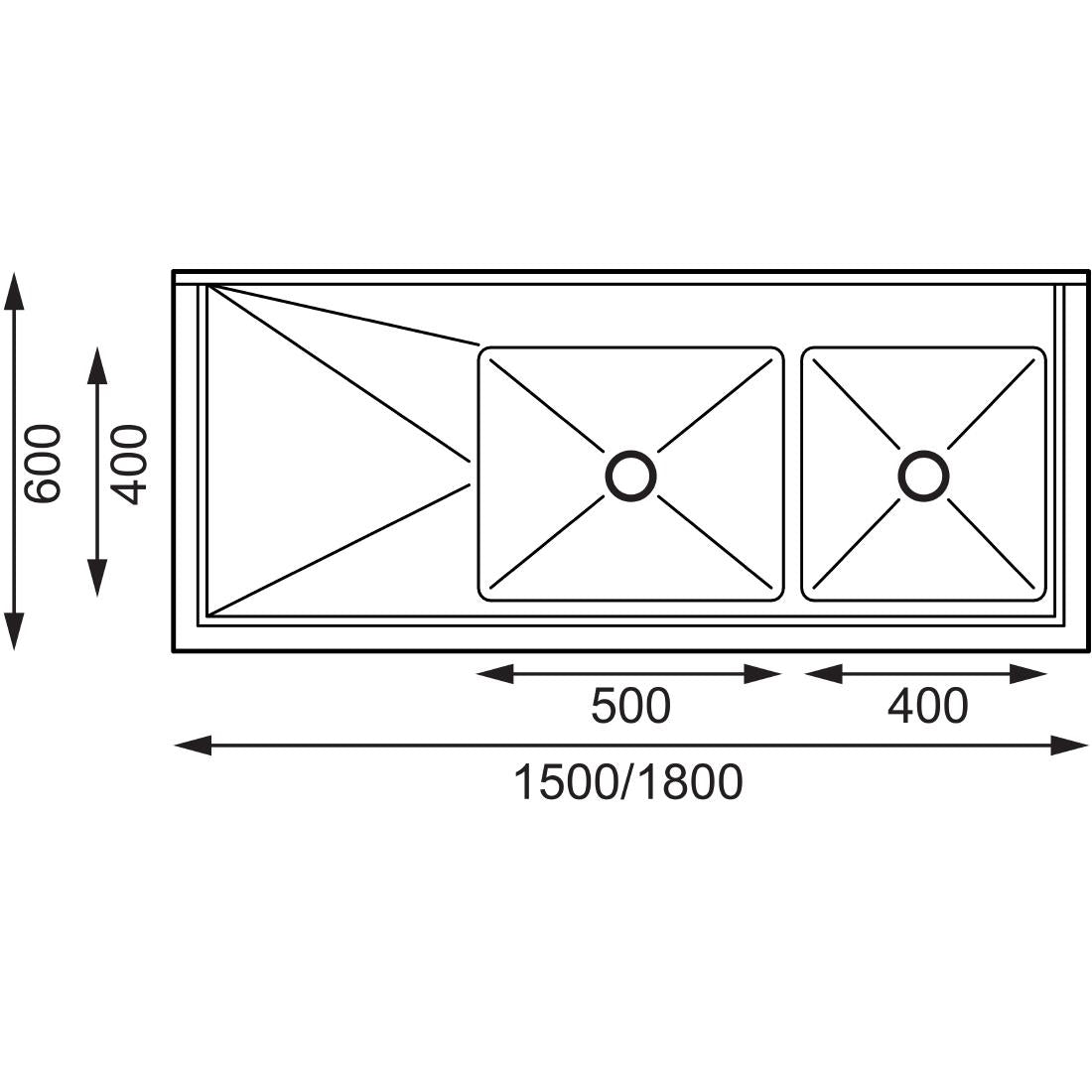 Vogue Double Bowl Sink L/H Drainer - 1500mm 90mm Drain - HC905