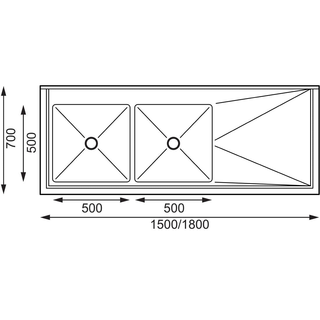 Vogue Double Bowl Sink R/H Drainer - 1500mm x 700mm 90mm Drain - HC916