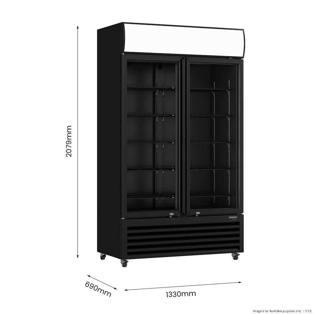 Thermaster 1200L Two Glass Door Colourbond Upright Drink Fridge Black LG-1200BP