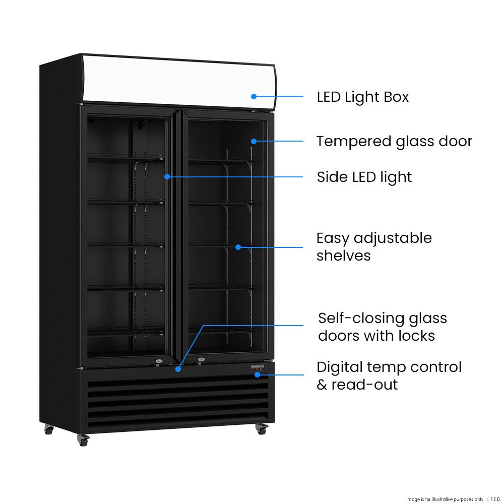 Thermaster 1200L Two Glass Door Colourbond Upright Drink Fridge Black LG-1200BP