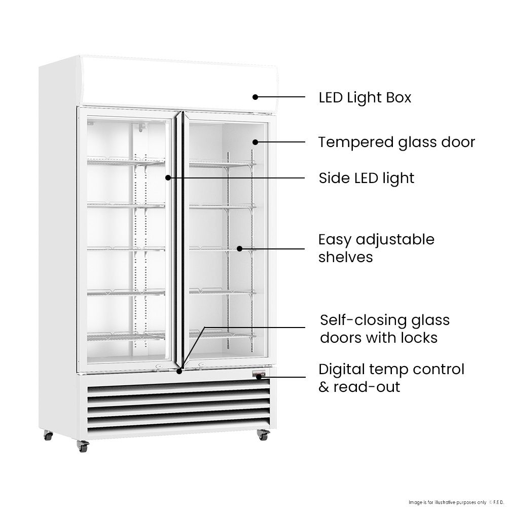 Thermaster 1200L Two Glass Door Colourbond Upright Drink Fridge White LG-1200P