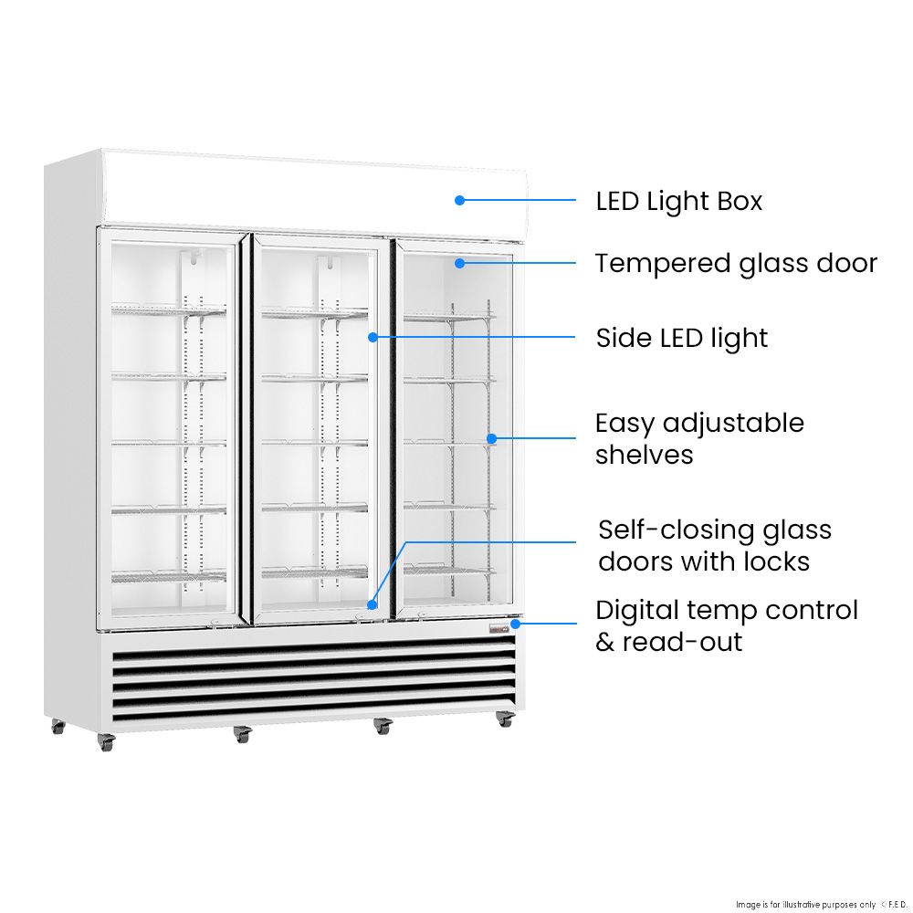 Thermaster 1200L 3 Glass Door Colourbond Upright Drink Fridge White LG-1203P