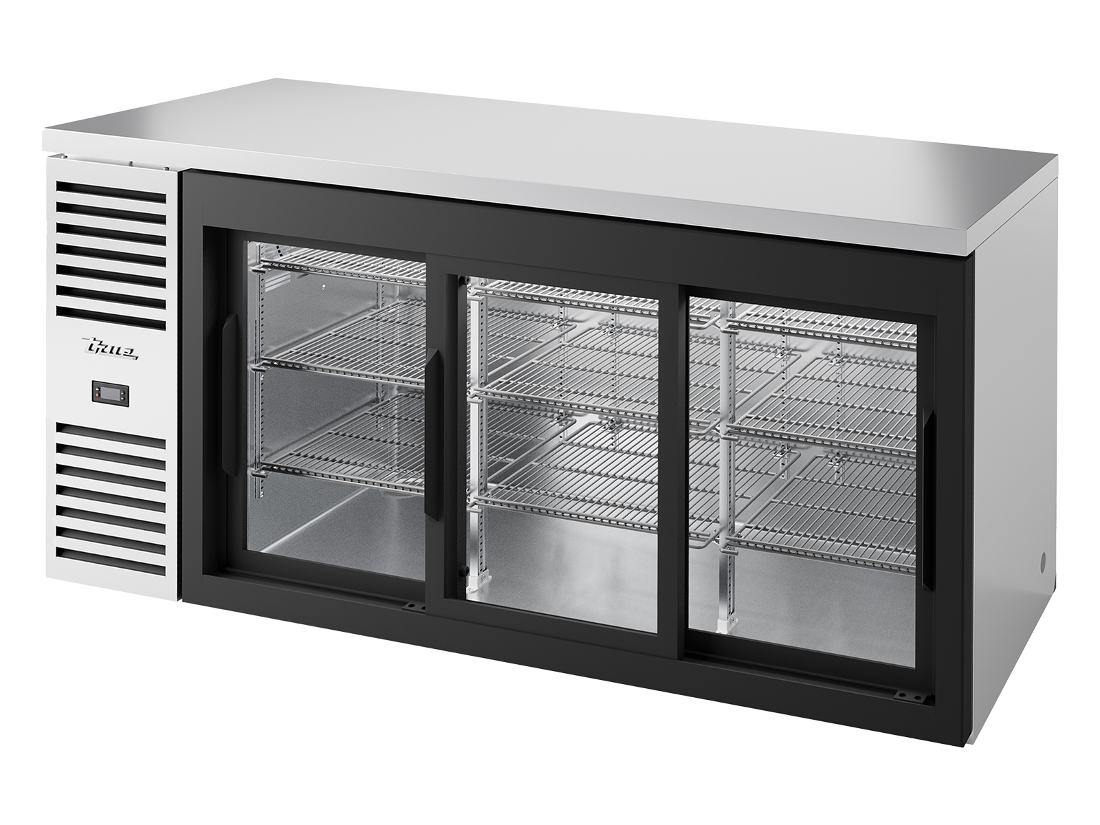 TRUE Reach-In Single Zone 3 Glass Sliding Door Undercounter Refrigerator - Stainless - TBR72-RISZ1-L-S-111-2