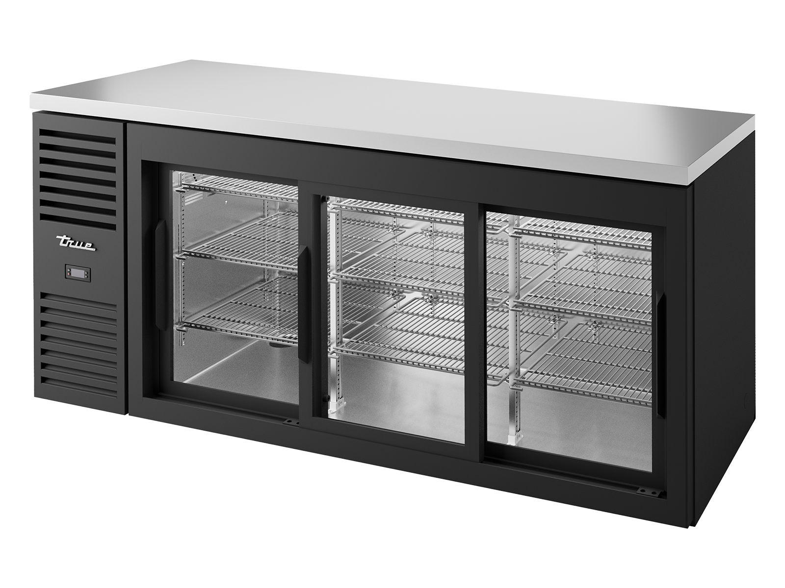 TRUE Reach-In Single Zone 3 Glass Sliding Door Undercounter Refrigerator - Black - TBR72-RISZ1-L-B-111-2