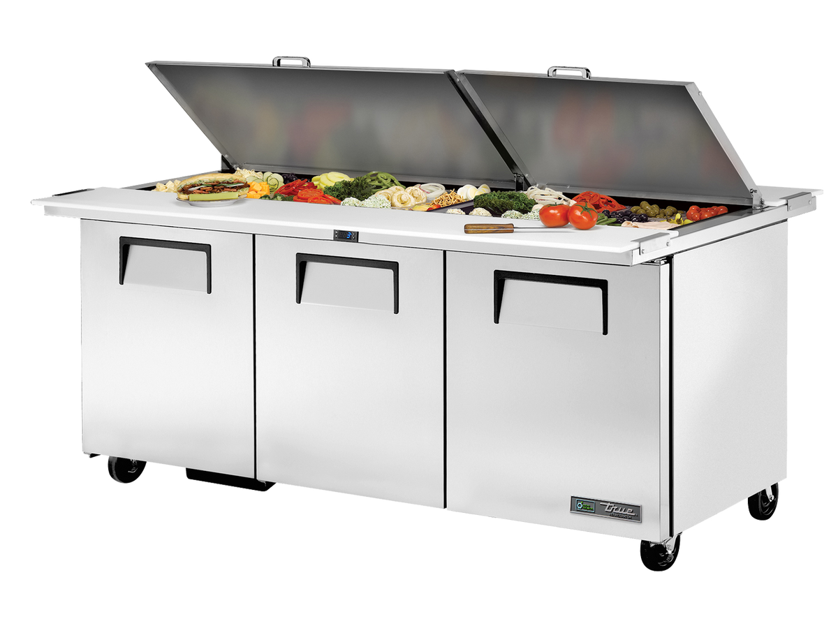 TRUE 3 Dual Sided Mega-Top Solid Door Sandwich/Salad Unit - TSSU-72-30M-B-DS-ST-HC