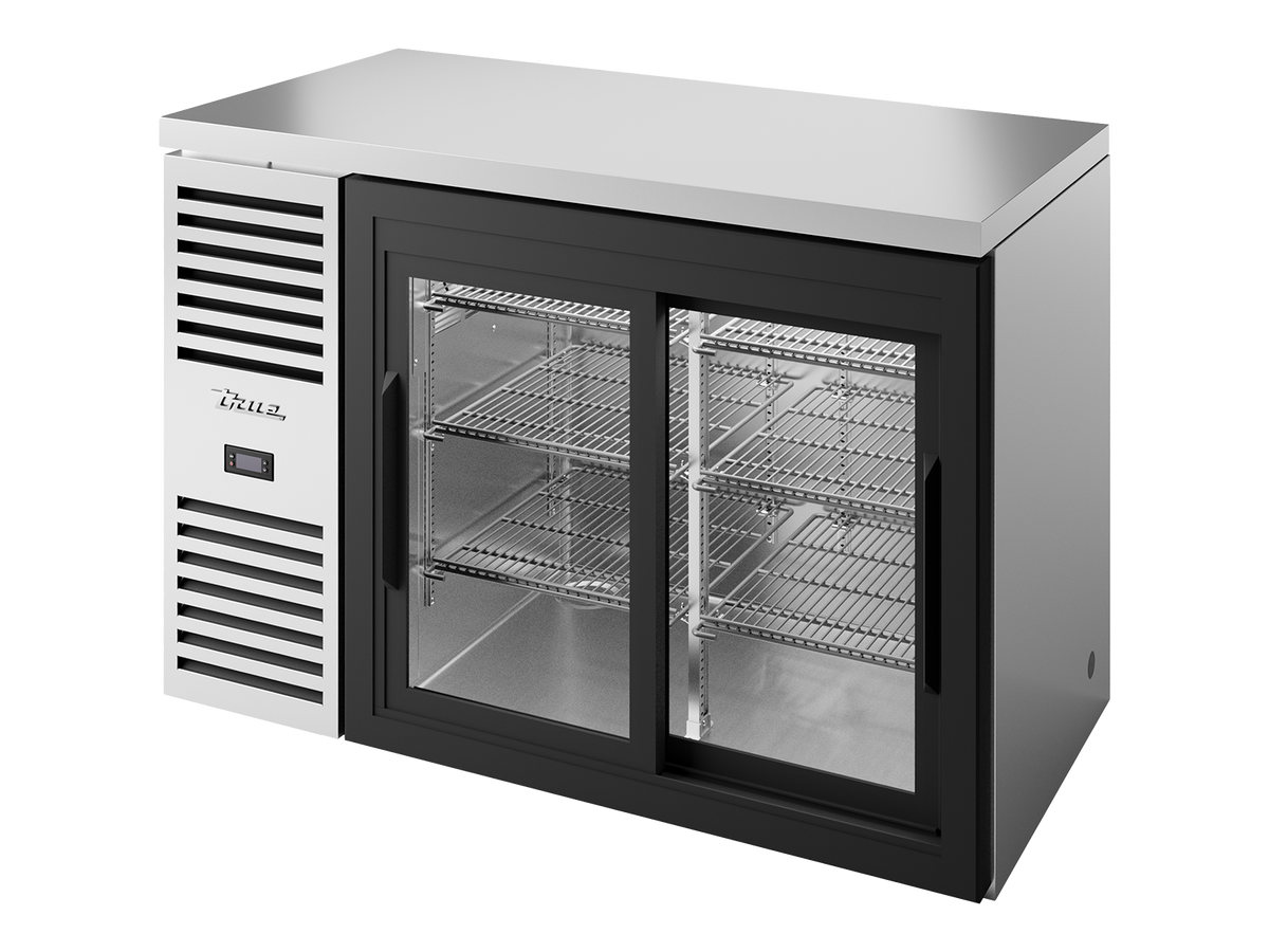 TRUE Reach-In Single Zone 2 Glass Sliding Door Undercounter Refrigerator 1200mm Width - Stainless - TBR48-RISZ1-L-S-11-2