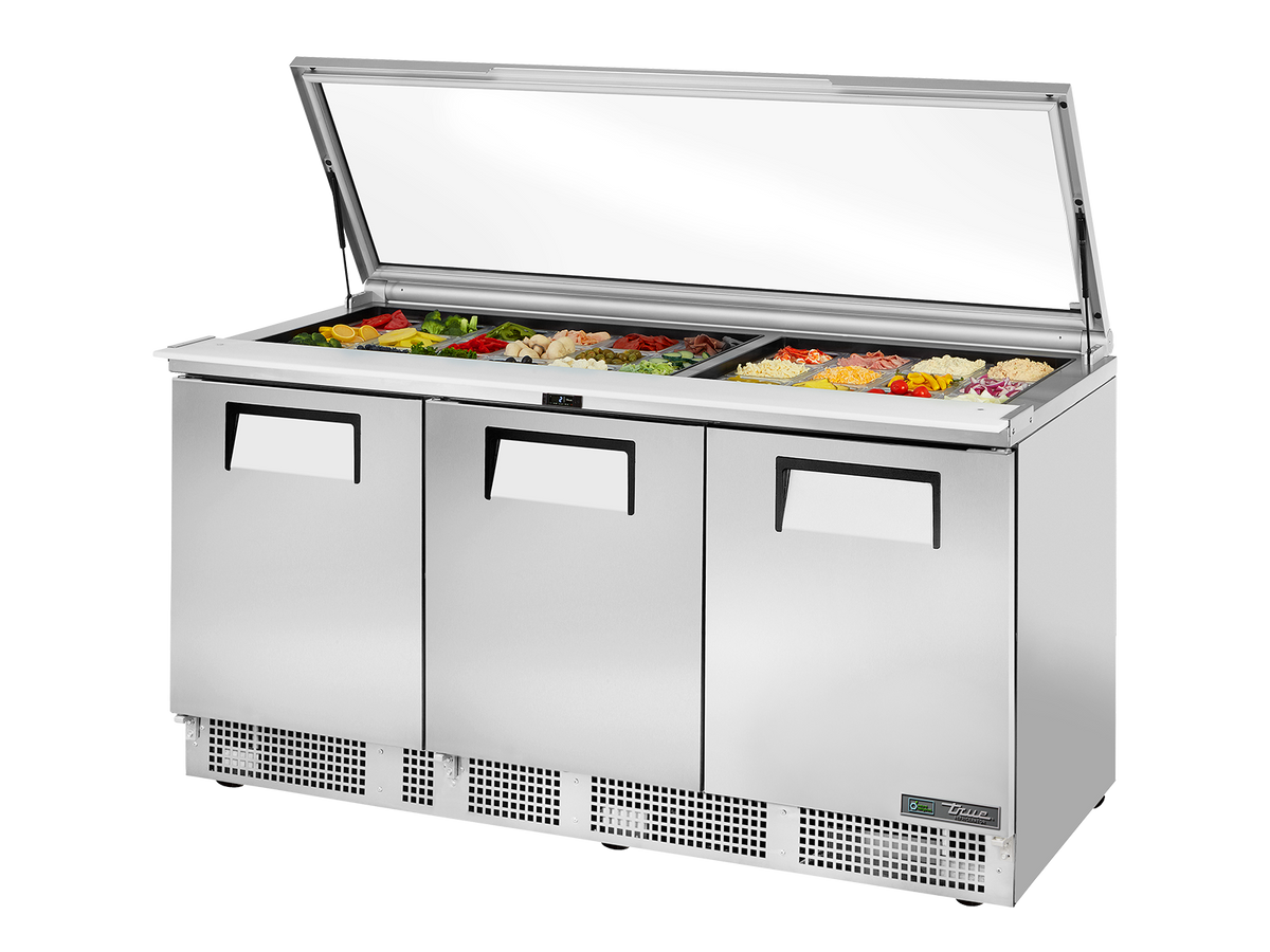 TRUE 3 Door Food Prep Unit with Flat Glass Lid - TFP-72-30M-FGLID-HC