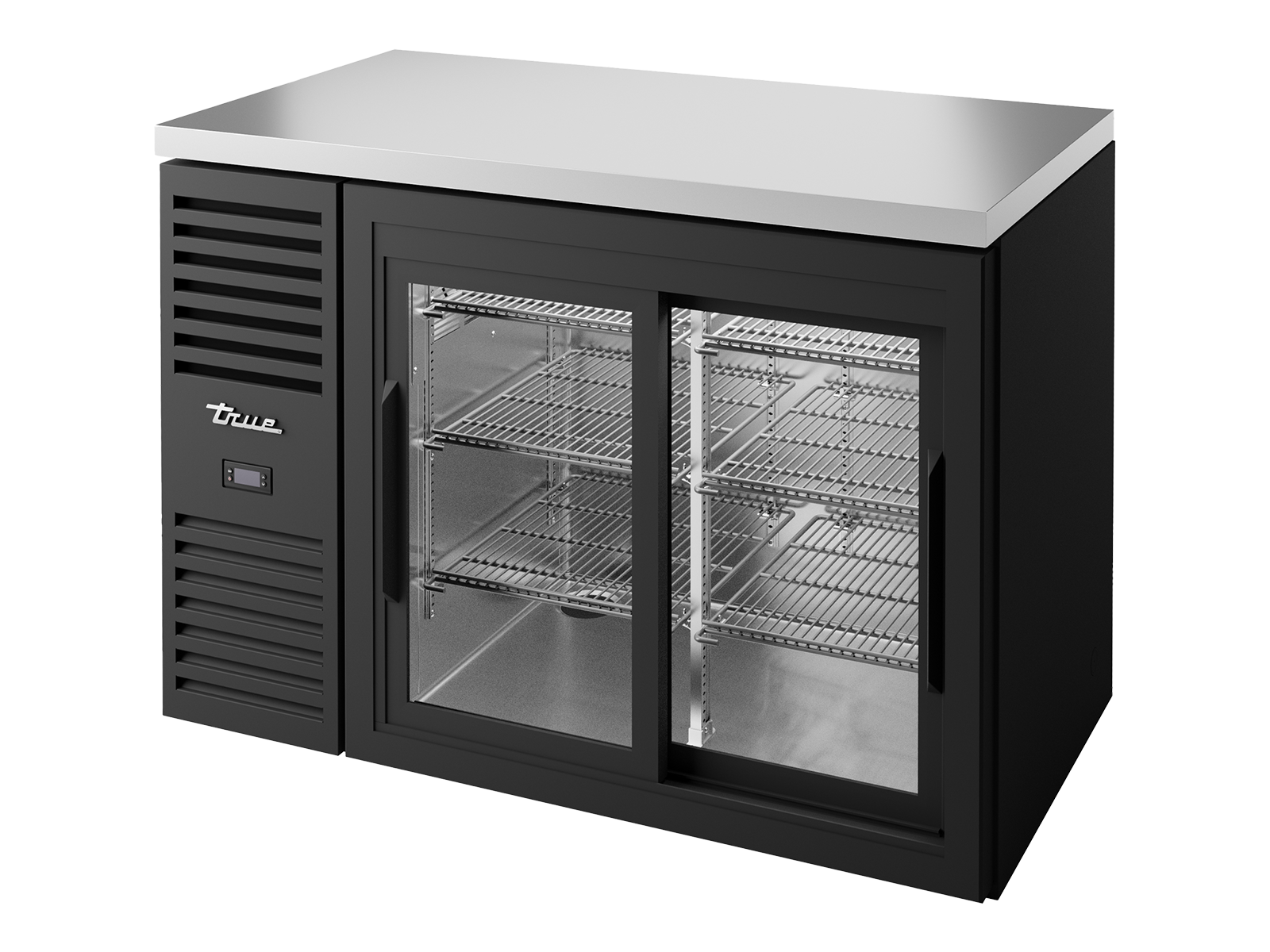 TRUE Reach-In Single Zone 2 Glass Sliding Door Undercounter Refrigerator 1200mm Width - Black - TBR48-RISZ1-L-B-11-2