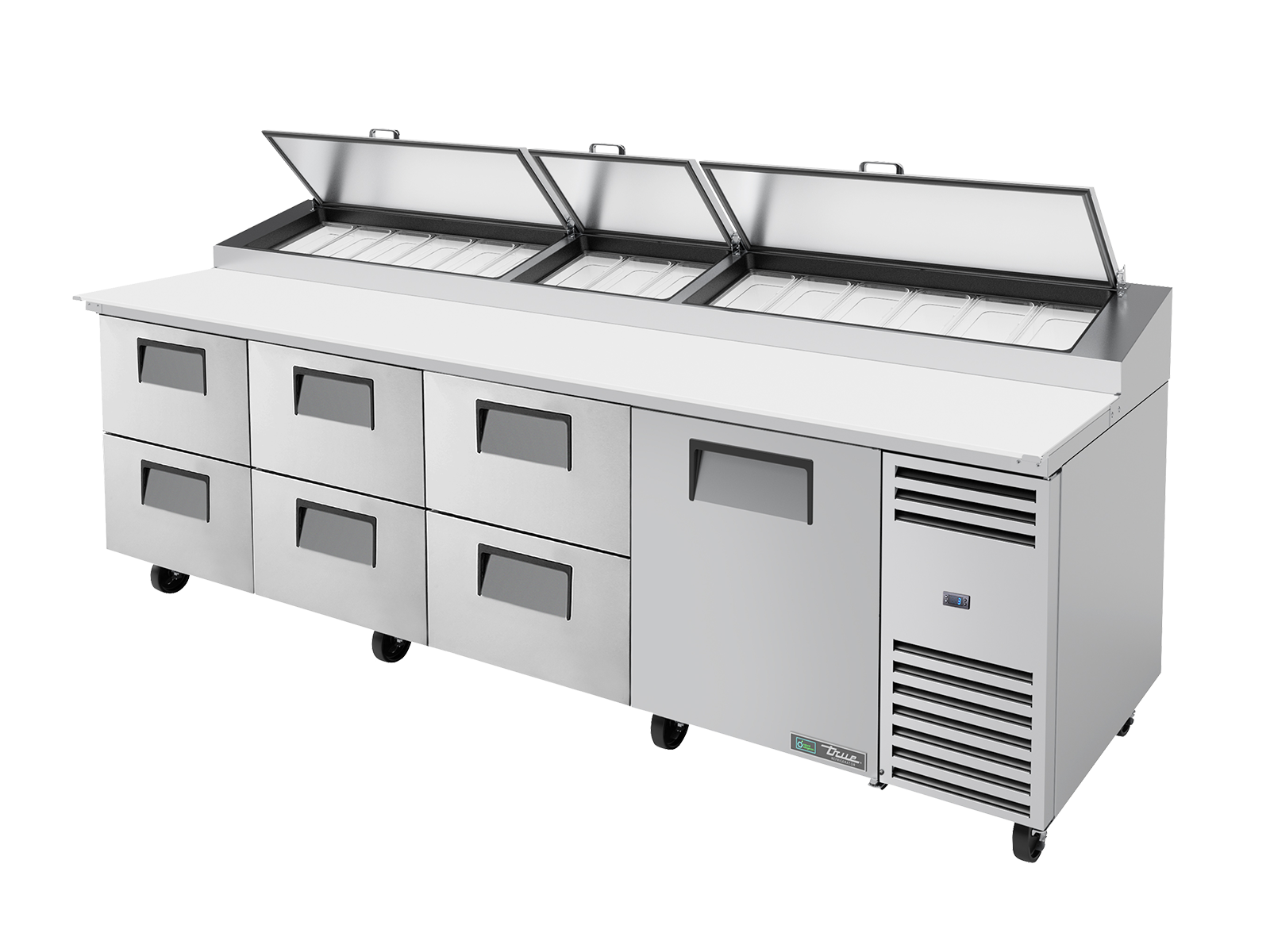 TRUE 1 Solid Door & 6 Drawer Pizza Prep Table with Angled Top - TPP-AT-119D-6-HC