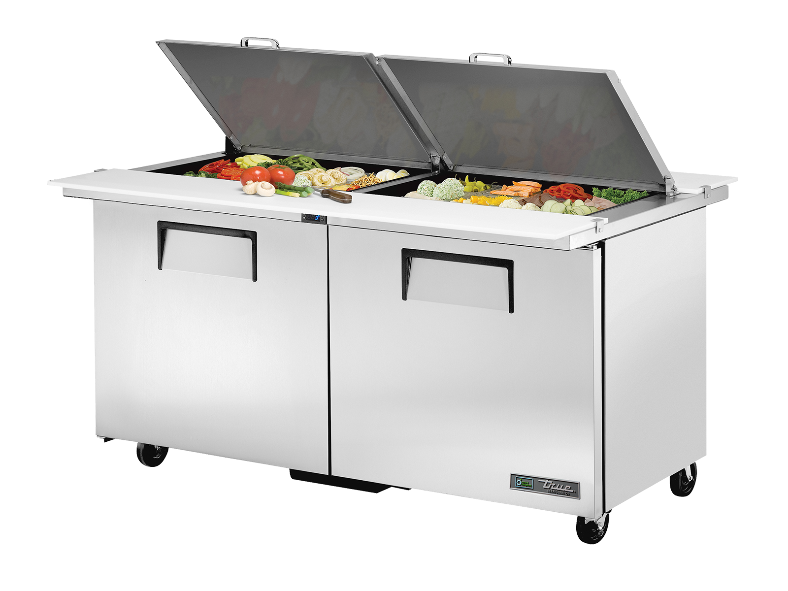 TRUE 2 Dual Sided Mega-Top Solid Door Sandwich/Salad Unit - TSSU-60-24M-B-DS-ST-HC