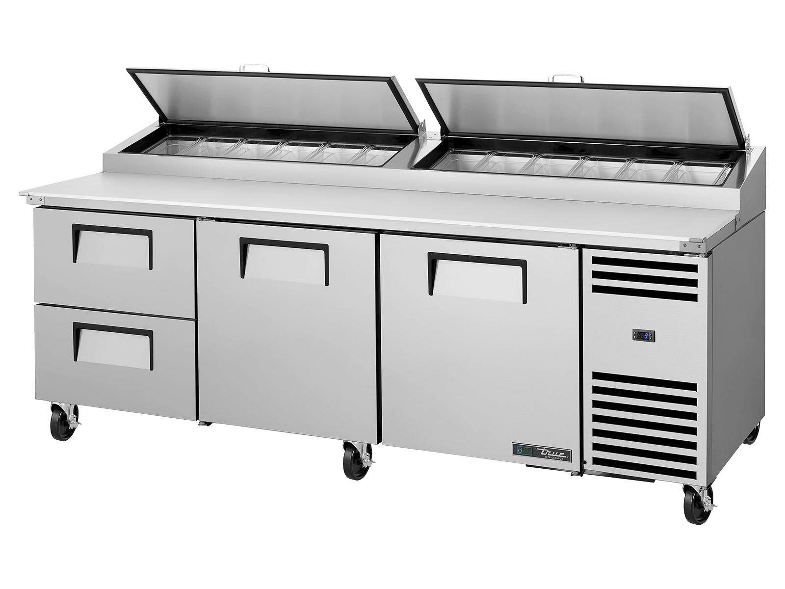 TRUE 2 Solid Door & 2 Drawer Pizza Prep Table with Angled Top - TPP-AT2-93D-2-HC