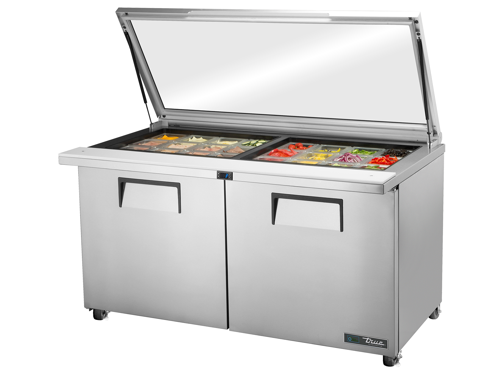 TRUE 2 Mega-Top Solid Door Sandwich/Salad Fridge with Flat Glass Lid - TSSU-60-24M-B-ST-FGLID-HC