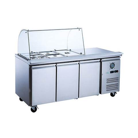 FED-X Three Door Salad Prep Fridge With Curve Glass Top XTHP3100SALGC