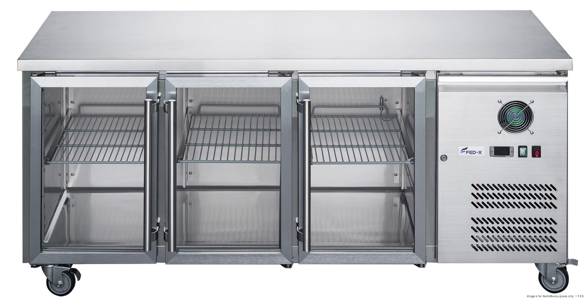 FED-X Three Glass Door Bench Fridge XUB6C18G3V