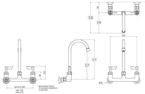 3Monkeez Stainless Steel Exposed Wall Mount Body with Gooseneck Swivel 12" Spout - T-3MEWG12
