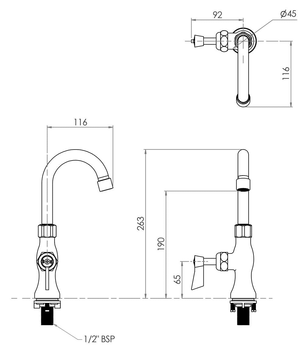 3Monkeez Single Control Bench Mount Body with 7" Gooseneck Swivel Spout - T-3MSHG07