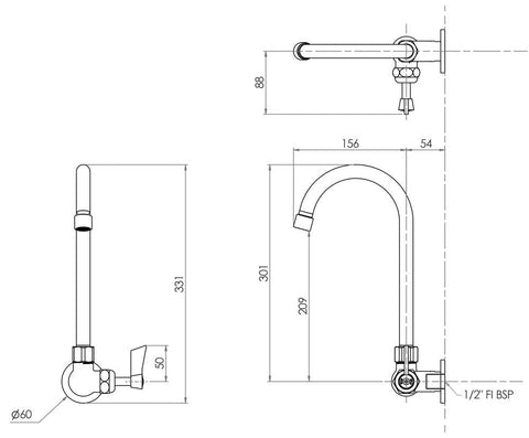 3Monkeez Stainless Steel Single Wall Mount Body with Single Control and 12" Gooseneck Swivel Spout - T-3MSWG12