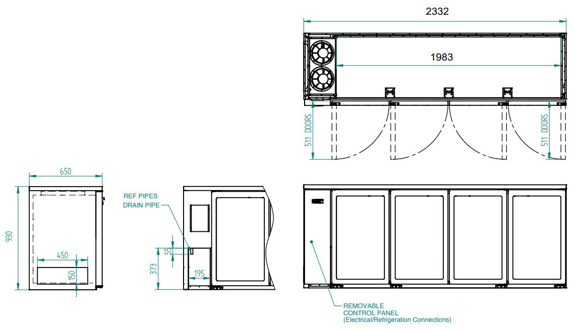 Williams Cameo - Four Door Stainless Steel Remote Back Bar Counter Display Refrigerator HC4RGS