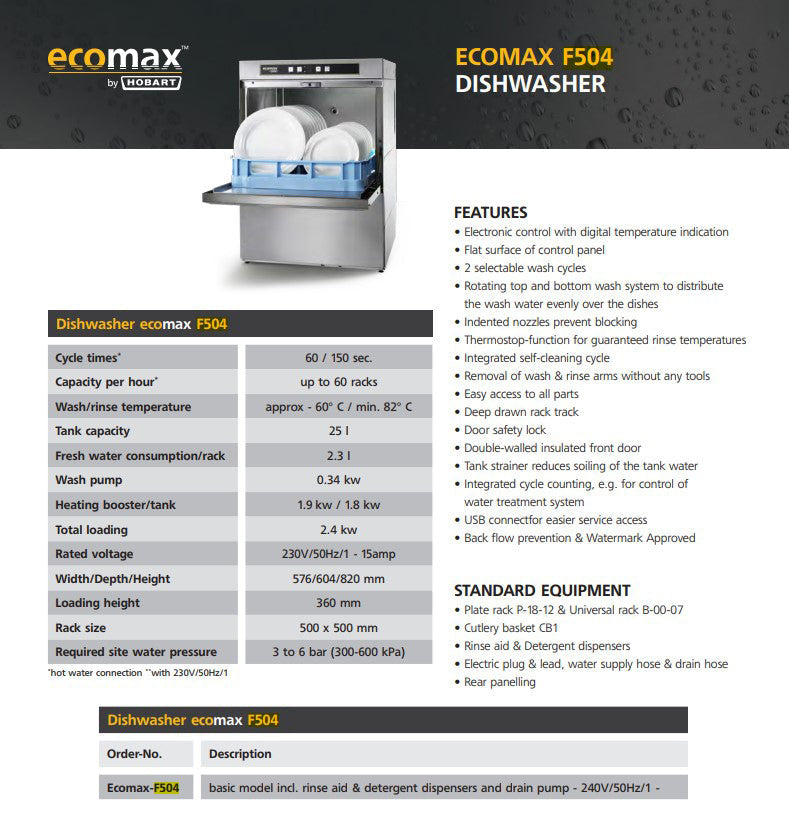 Hobart ECOMAX Glass / Dishwasher - 500X500 Racks - ECOMAX504-C
