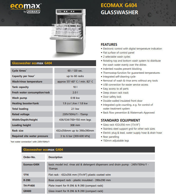 Hobart ECOMAX Compact Glasswasher - ECOMAX404-C