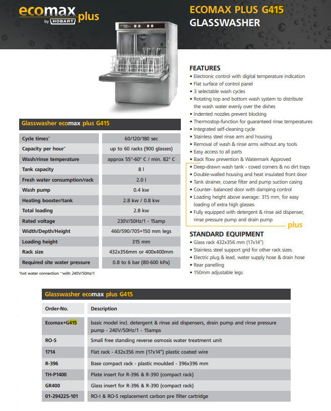 Hobart ECOMAXPLUS Compact Width Glasswasher - ECOMAXPLUSG415-D